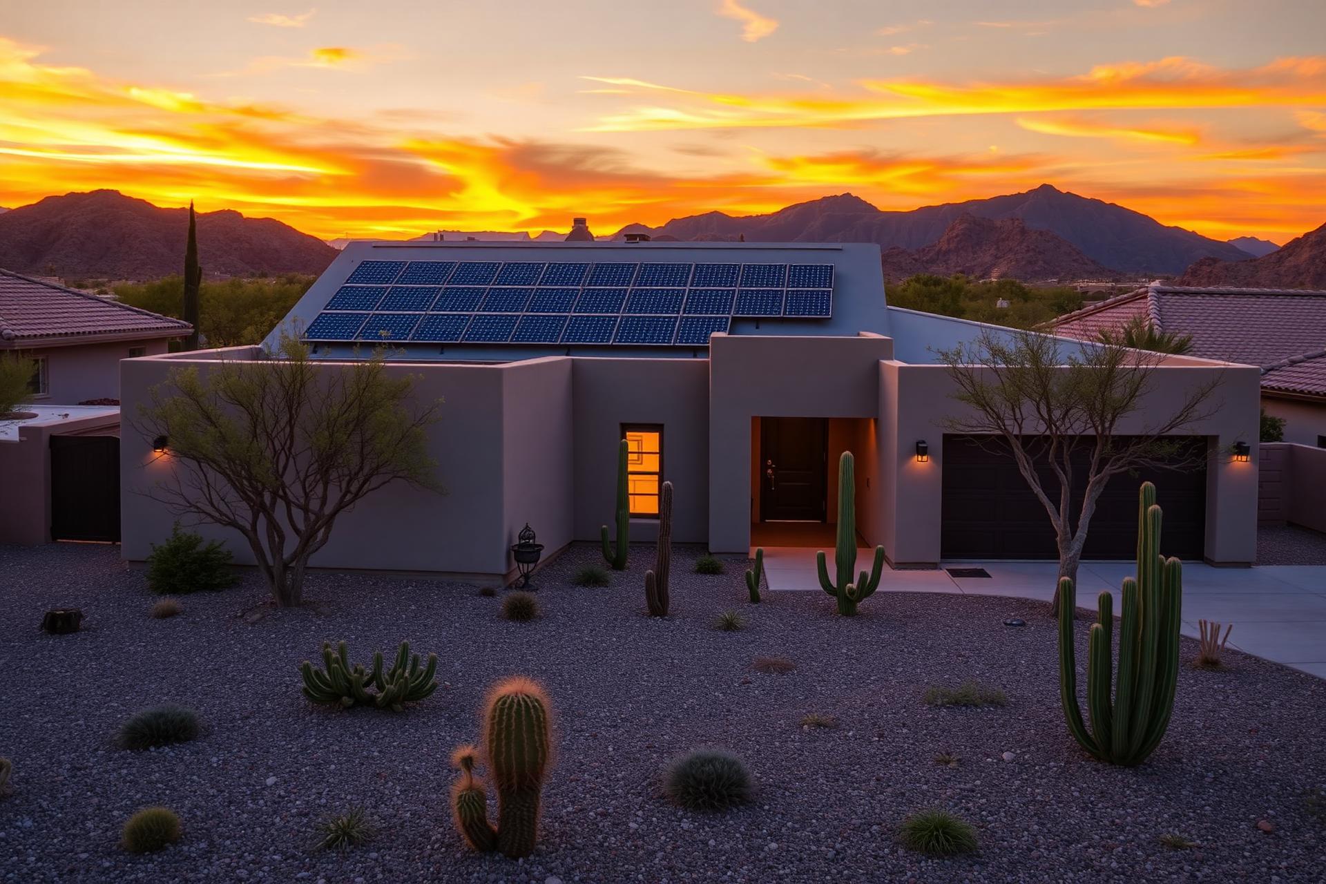 Modern Las Vegas home with rooftop solar at sunset
